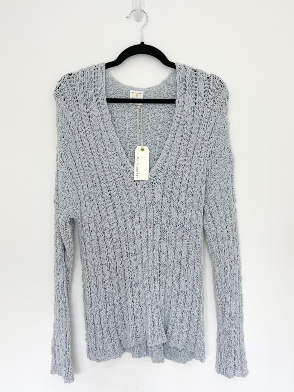 By Together Open Knit V-Neck Pointelle Sweater Light Blue NWT